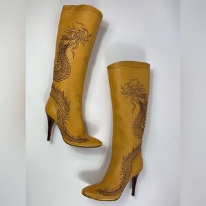 SOLD Roberto Cavalli Dragon Embroidered Knee High Leather Boots